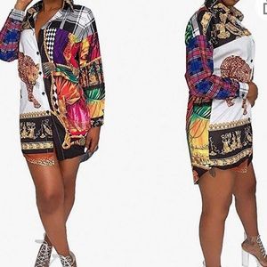 Remelon Womens Floral Print Button Down Collar Long Shirt Dress Blouse